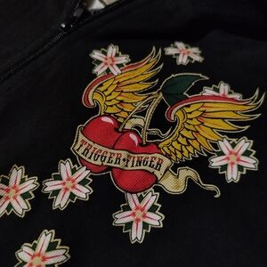 Trigger Finger Lucky 13 Black Zip Hoodie Small Rockabilly Cherries